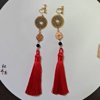 賽銭赤珠流蘇 赤金色ピアス　殭屍 中華風　縁起物　侘び寂び　着物和服漢服　成人式