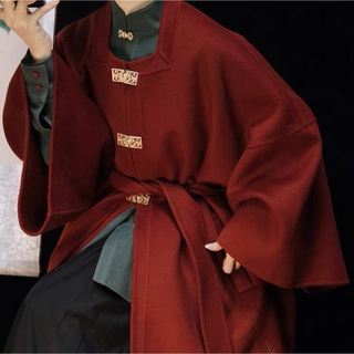 フリフ(ふりふ)の歲歲平安 刺繍方襟對襟祆 ウールコート 赤金色ロングコート　明製漢服　新年　着物(ロングコート)