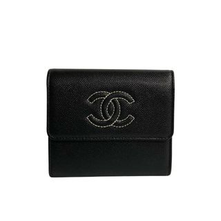 シャネル(CHANEL)のほぼ未使用 希少品 箱 袋付き シール有 23番台 CHANEL シャネル キャビアスキン レザー 本革 ココマーク 二つ折り財布 ブラック 89996(財布)