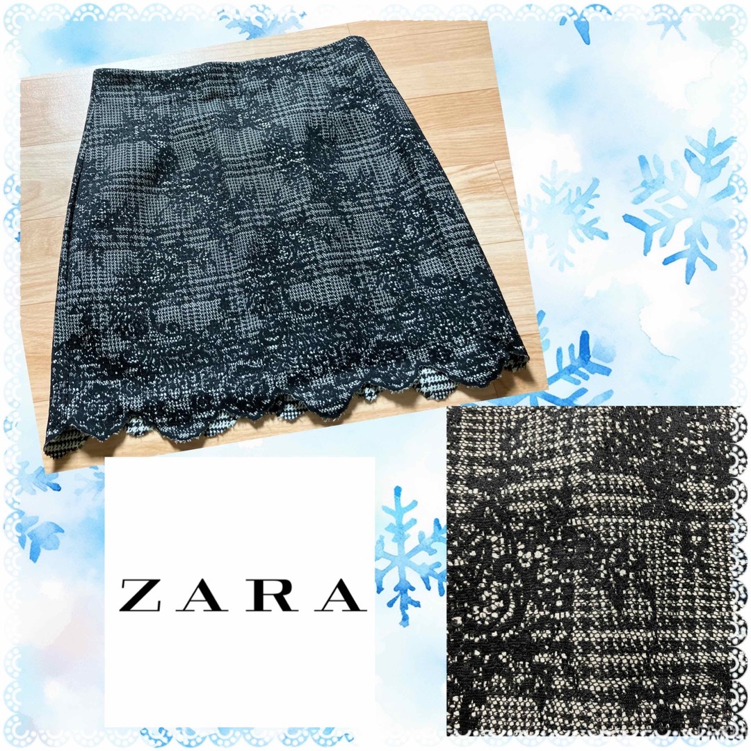 ZARA(ザラ)のZARA★ザラ★美品★グレンチェック★お花刺繍★モノトーンスカート レディースのスカート(ひざ丈スカート)の商品写真