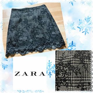 ザラ(ZARA)のZARA★ザラ★美品★グレンチェック★お花刺繍★モノトーンスカート(ひざ丈スカート)