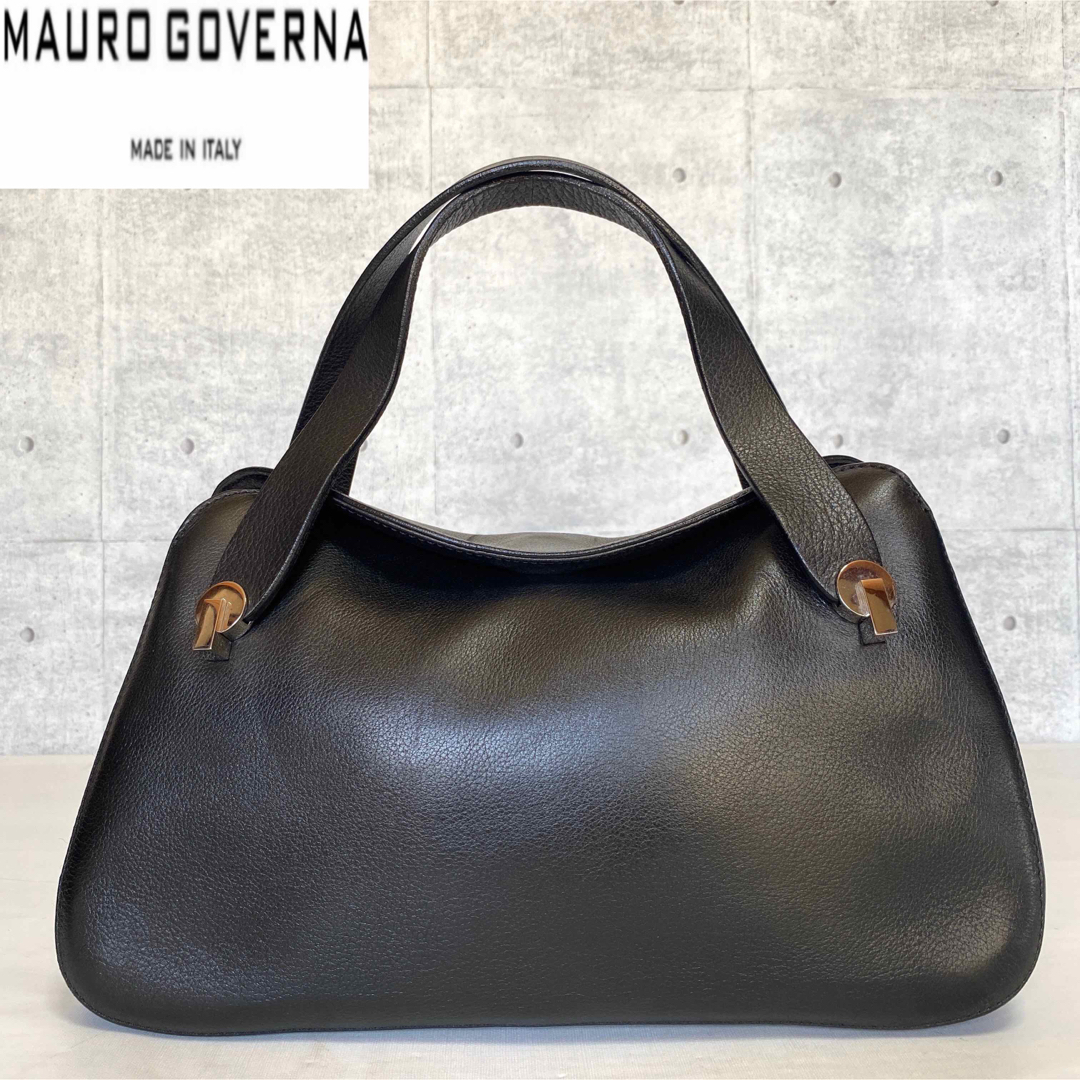 ロイヤルブランド1230【良品】MAURO GOVERNA BLACK レザー シルバー金具ハンドバッグ