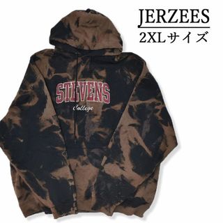 ジャージーズ(JERZEES)のメンズタイダイ柄ブリーチプルオーバーパーカー2XL 古着屋　カレッジロゴ刺繍　黒(パーカー)