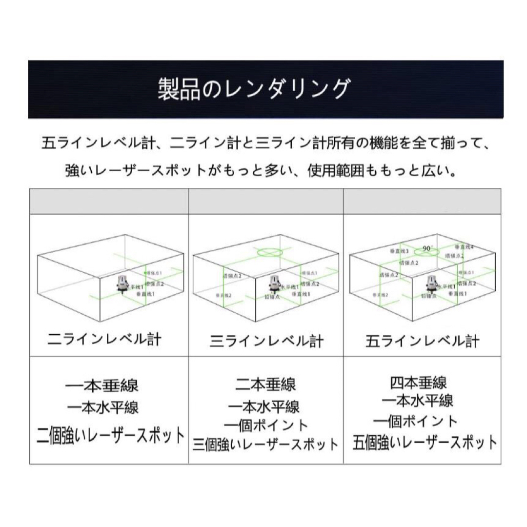 约110°水平ライン精度5ライン6点グリーンレーザー墨出し器墨出器水平器墨だし器墨出し機レベル/三脚付き