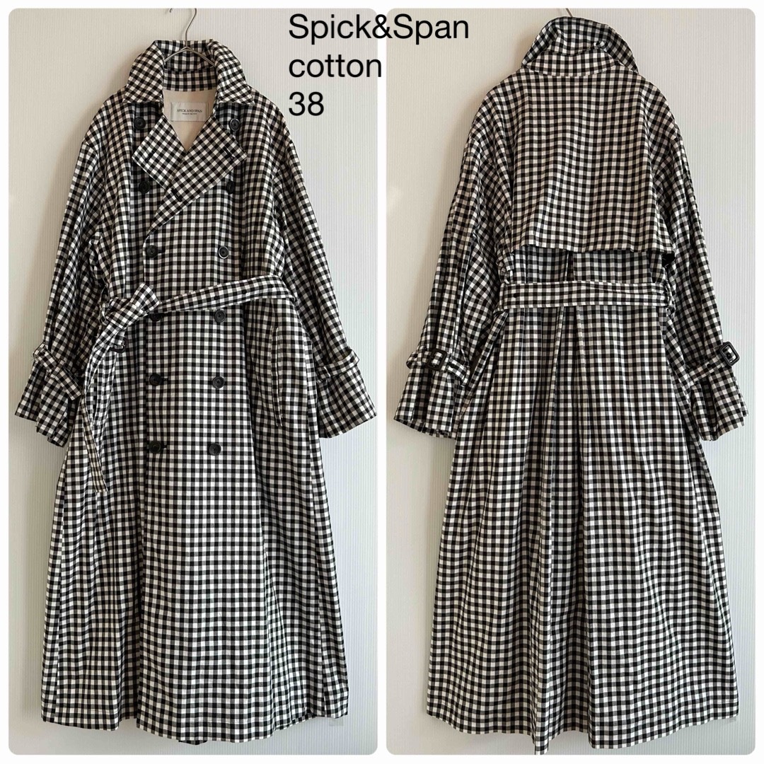 Spick & Span(スピックアンドスパン)の485美品スピック＆スパン白黒ギンガムチェックコットンロングトレンチコート38M レディースのジャケット/アウター(トレンチコート)の商品写真