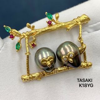 タサキ(TASAKI)のタサキ　K18YG バロック真珠　ダイヤ0.01 ルビー　ブローチ　フクロウ(ブローチ/コサージュ)