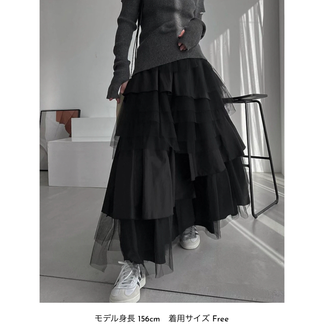 random tiered tulle & pongee SK レディースのスカート(ロングスカート)の商品写真