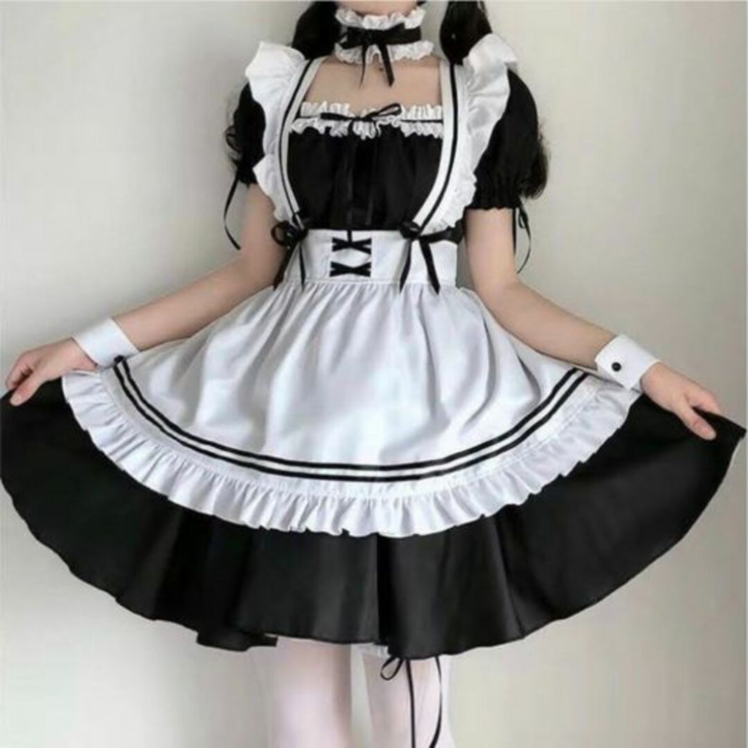 フルセット S メイド服 コスプレ ゴスロリ ハロウィン ロリ フリフリ フリル レディースのワンピース(ひざ丈ワンピース)の商品写真