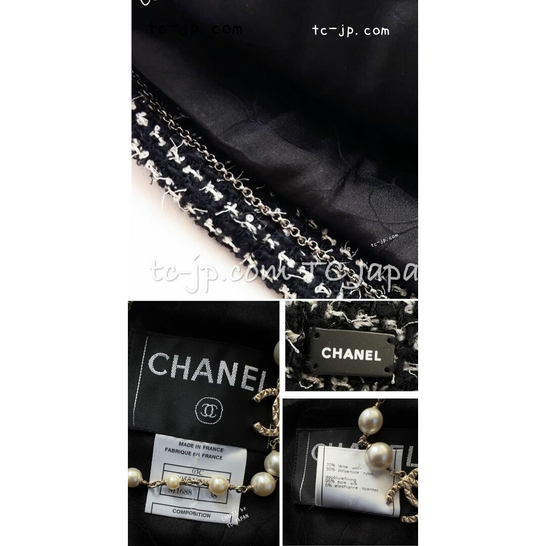 CHANEL(シャネル)のシャネル スーツ CHANEL ブラック ホワイト カメリア ブローチ３つ付 ツイード ダブル ジャケット 水滴 CCボタン スカート 美品 36 38 レディースのフォーマル/ドレス(スーツ)の商品写真