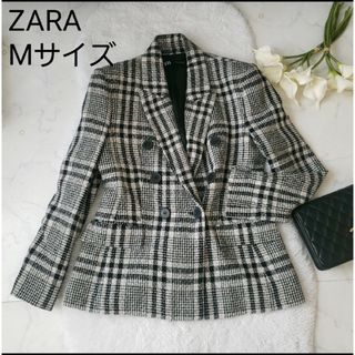 ザラ(ZARA)の美品　ZARAダブルテーラードジャケットチェック柄Mサイズ ザラ(テーラードジャケット)