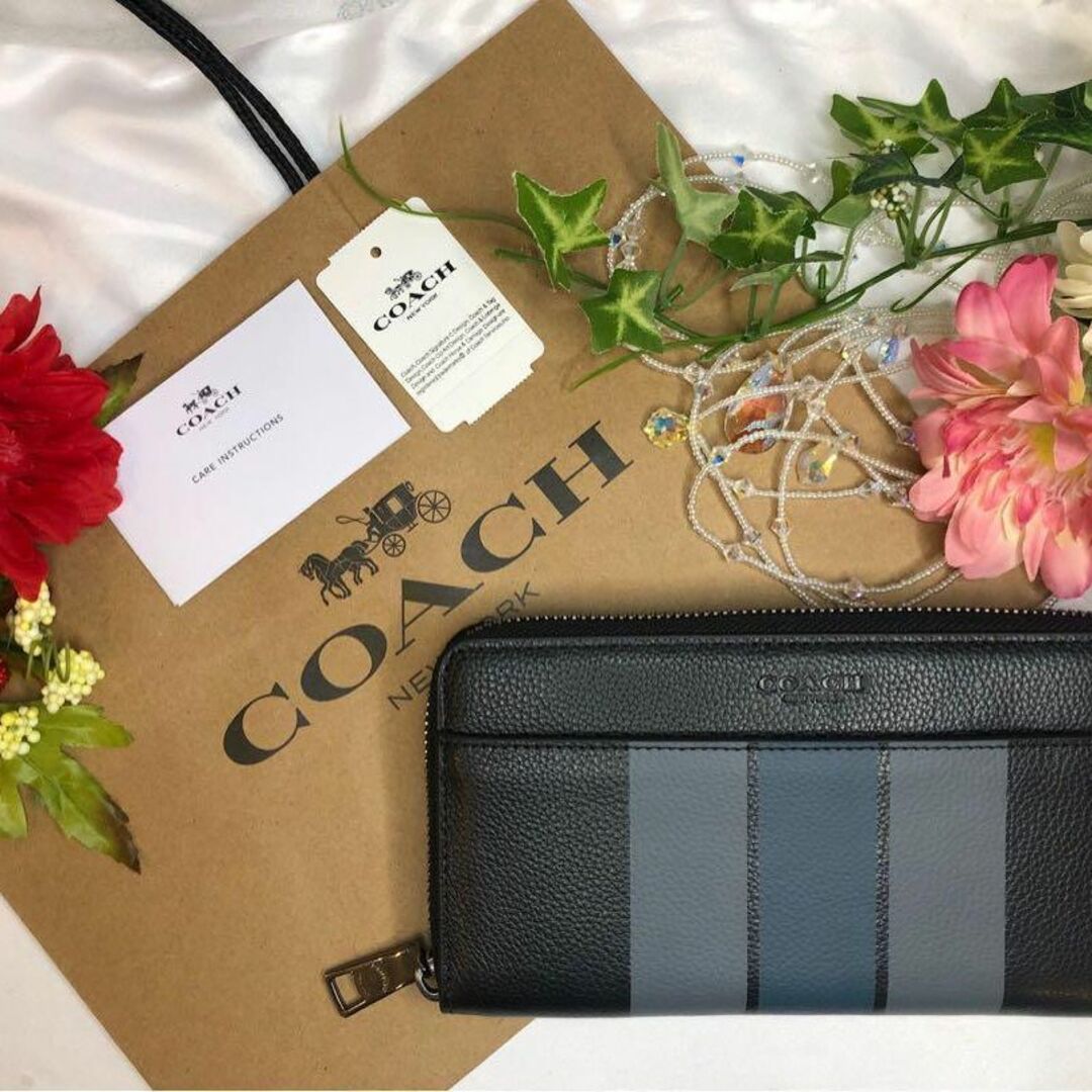 COACH(コーチ)のCOACH コーチ レザー ブルー グレーストライプ レディースのファッション小物(財布)の商品写真