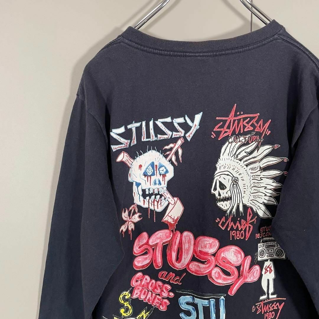 【背面バックプリントロゴ、総柄、スカル】stussy長袖TシャツロンT紺M古着屋CSpc