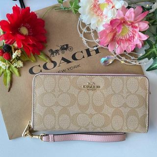 コーチ(COACH)のCOACH コーチ 長財布 ピンク ベージュ ストラップ(財布)