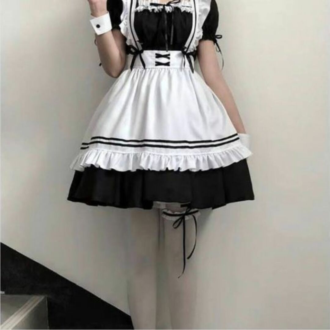 フルセット XL メイド服 コスプレ ゴスロリ ハロウィン フリフリ フリル 白 レディースのワンピース(ひざ丈ワンピース)の商品写真