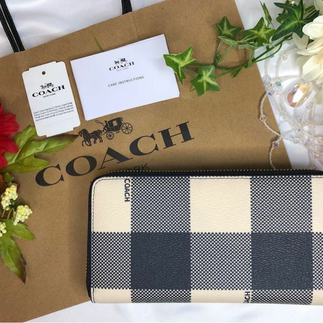 COACH コーチ 長財布 ホワイト ネイビー チェック