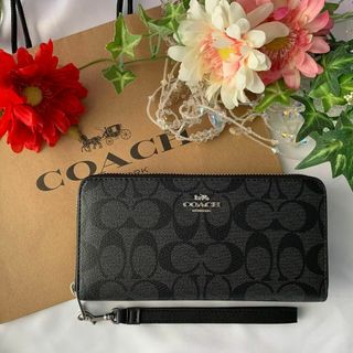 ♡COACH ダークブラウン キャメル レッド 馬車柄  ストラップ 長財布コーチ