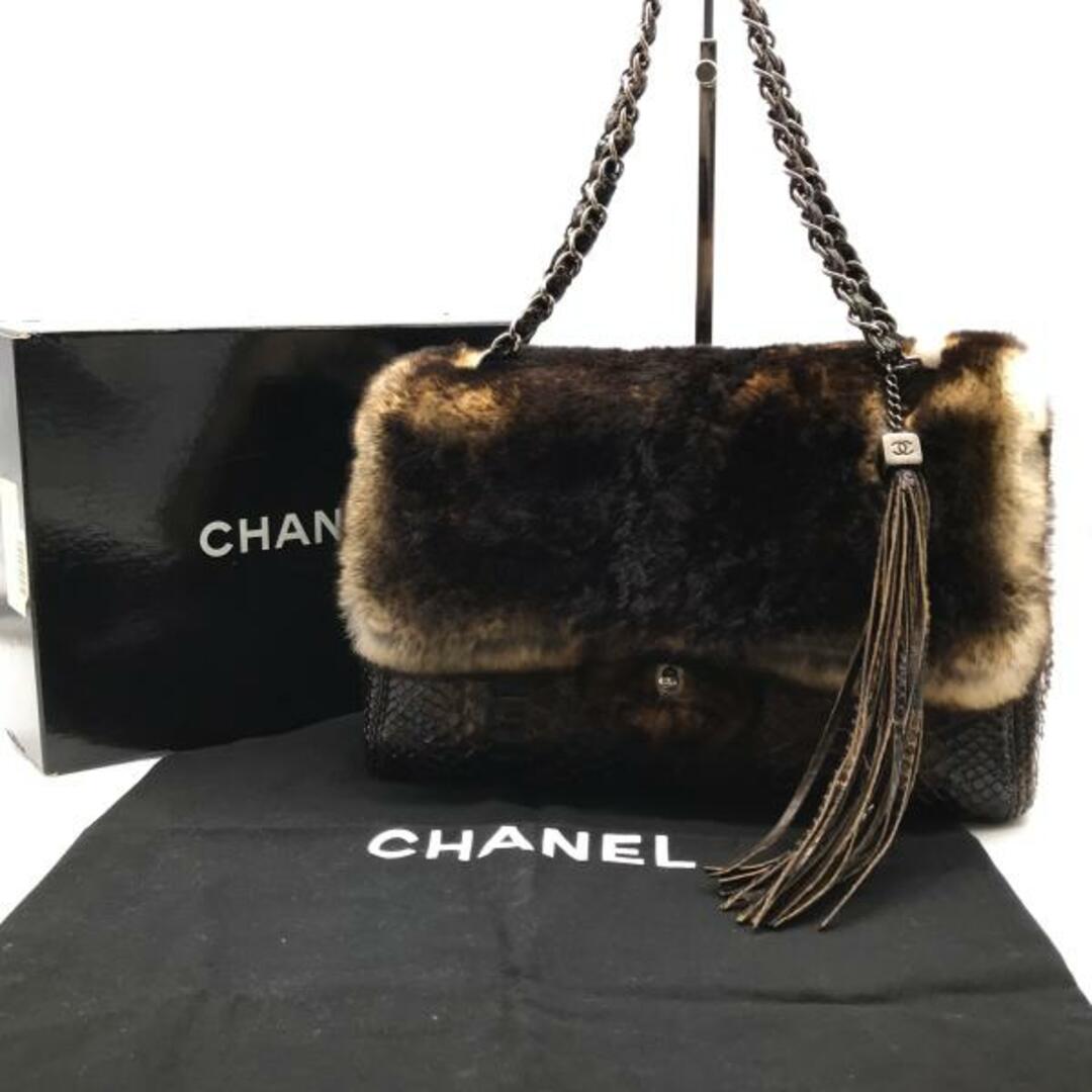 CHANEL シャネル 希少 ココマーク ファー x パイソン ダブル チェーン ショルダー バッグ 良品 A1213 エ882ショルダーバッグ