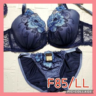 新品未使用 ブラジャーショーツセット F85/LL 10338 ネイビー 脇高(ブラ&ショーツセット)