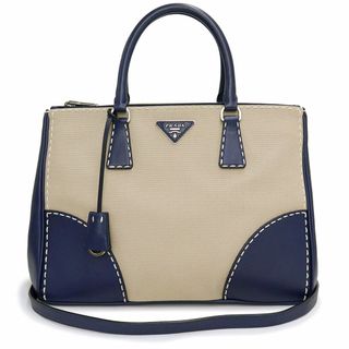 プラダ(PRADA)のプラダ カナパ シティ 2way ショルダー ハンドバッグ 斜め掛け コットンキャンバス カーフスキン レザー CORDA コルダ ROYAL ロイヤル ベージュ ネイビー 紺 シルバー金具 B2274K PRADA（美品）(ハンドバッグ)