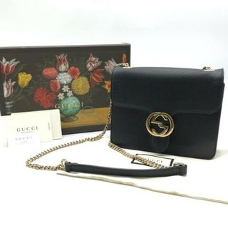 グッチ(Gucci)の美品 GUCCI グッチ インターロッキング G レザー チェーン ショルダー バッグ ブラック a962(ショルダーバッグ)