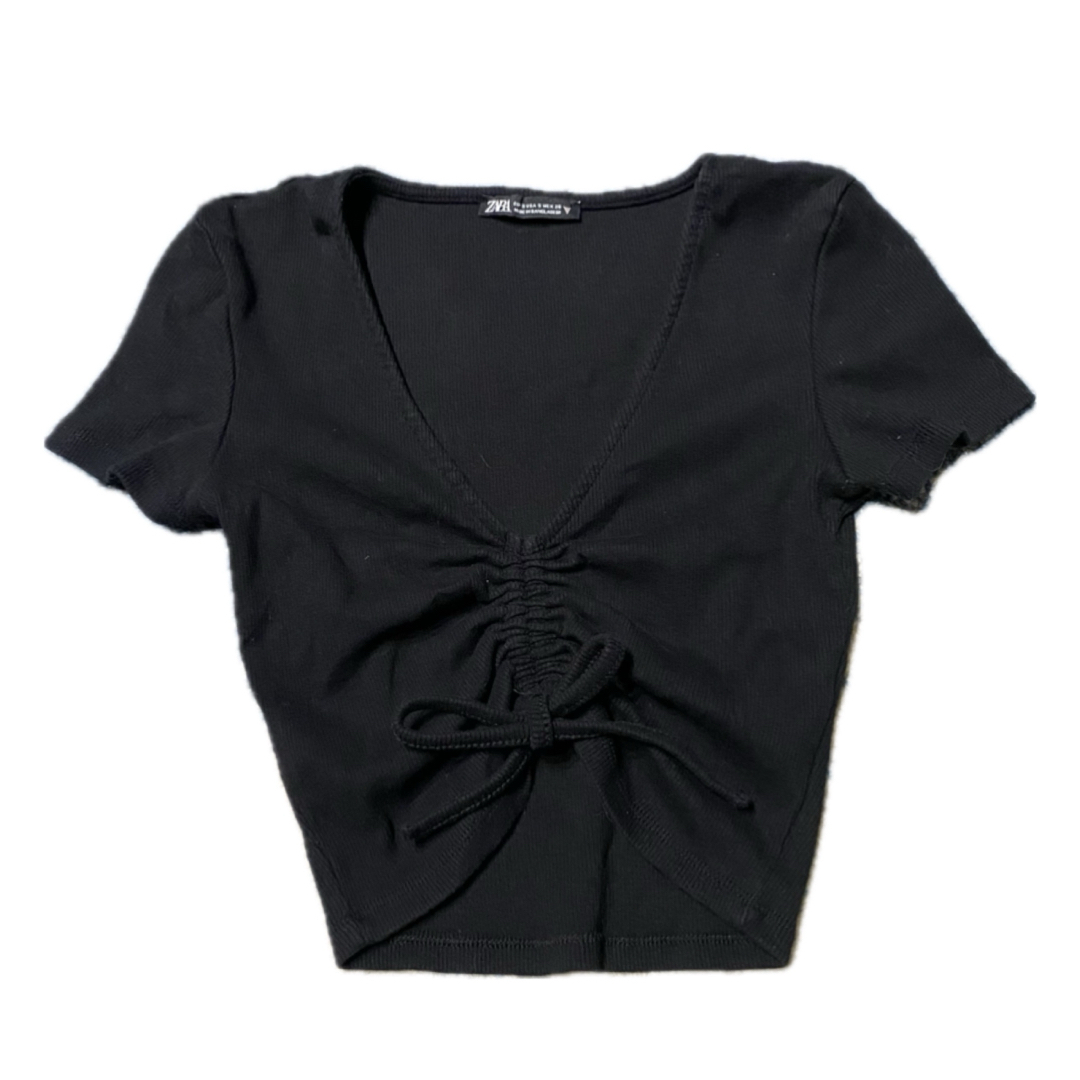 ZARA(ザラ)のZARA ザラ リボン ドロップド丈 ショート トップス 半袖 ブラック 黒 S レディースのトップス(Tシャツ(半袖/袖なし))の商品写真