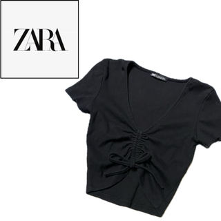 ザラ(ZARA)のZARA ザラ リボン ドロップド丈 ショート トップス 半袖 ブラック 黒 S(Tシャツ(半袖/袖なし))