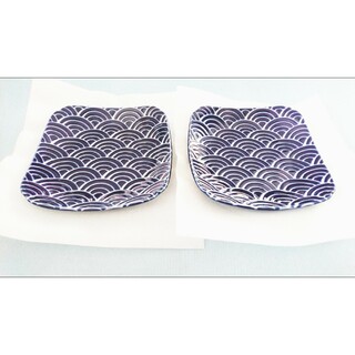 ミノヤキ(美濃焼)の瑠璃 青海波 2枚 縁起がいい 和食器 角皿 中皿 取り皿 うつわ 食器(食器)
