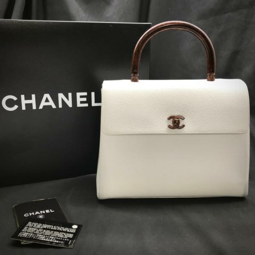 CHANEL シャネル キャビアスキン ウッド調 ハンド バッグ ケリー型 ホワイト 美品 M12327レディース