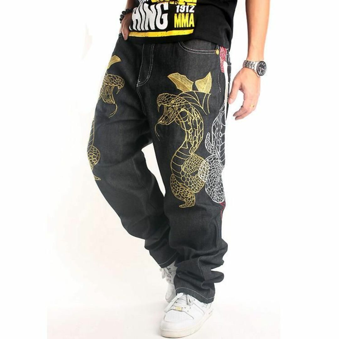 和柄スタイル刺繍ジーンズ ビッグサイズ【44】インチデニムジーンズバギー メンズのパンツ(デニム/ジーンズ)の商品写真