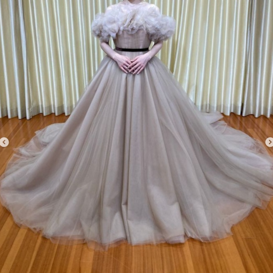 優雅なシルエット カラードレス グレー オフショルダー トレーン 編み上げ 花嫁ウェディングドレス