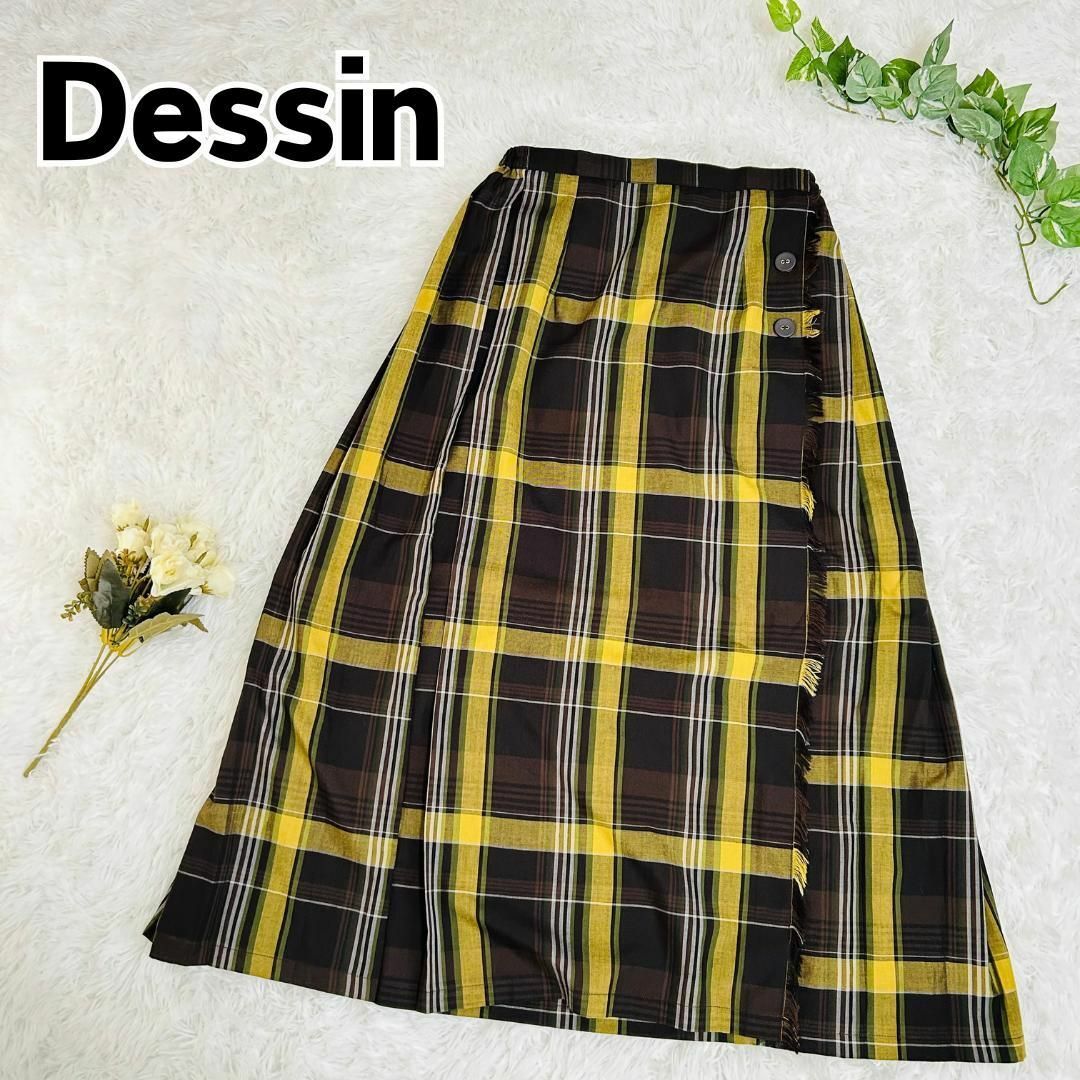 Dessin(デッサン)の【美品】Dessin デッサン ラップ風ガーゼチェックスカート ブラウン M レディースのスカート(ロングスカート)の商品写真