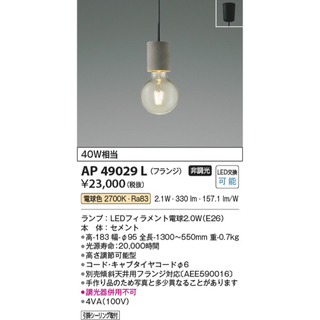 コイズミ(KOIZUMI)のコイズミ照明 AP49029L LEDペンダントライト 電球色 白熱球40W相当(天井照明)