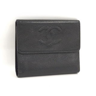 シャネル(CHANEL)のCHANEL 三つ折り財布 ココマーク レザー ブラック ゴールド金具(財布)