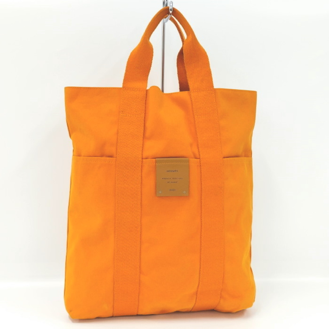 HERMES フレンチフェス 2001 トートバッグ キャンバス オレンジオープンポケット×3内側