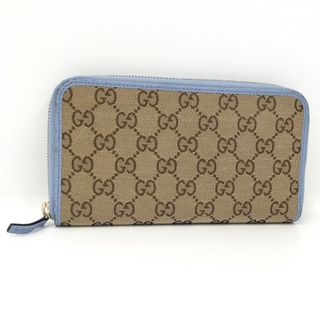 グッチ(Gucci)のGUCCI ラウンドファスナー 長財布 GGキャンバス レザー ベージュ ブルー(財布)