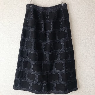 vintage パッチワーク 刺繍 柔らか スエード 台形 スカート 黒(ひざ丈スカート)