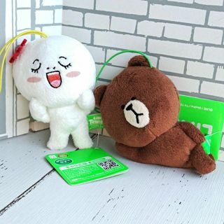 LINEマスコット２点セット　ブラウン　寝そべり　ぬいぐるみストラップ　タグ付(ぬいぐるみ)