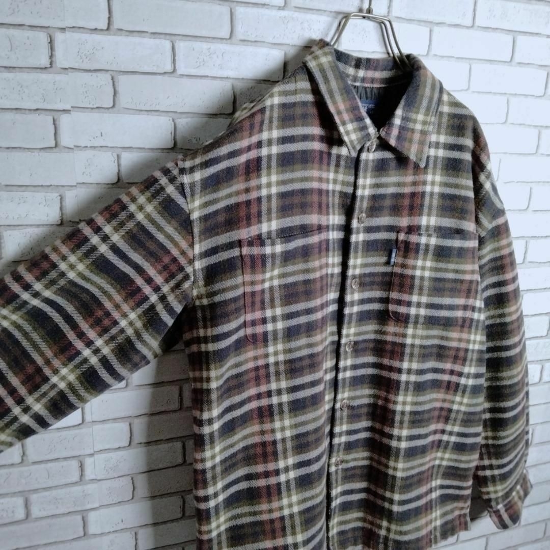 ネルシャツ☆中綿ジャケット　ダブルポケット　チェック柄　緑　黒　オレンジ　LL メンズのトップス(シャツ)の商品写真