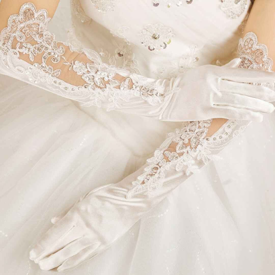 ウェディンググローブ 白ホワイト ロンググローブ ブライダル レースサテン 手袋 レディースのフォーマル/ドレス(ウェディングドレス)の商品写真