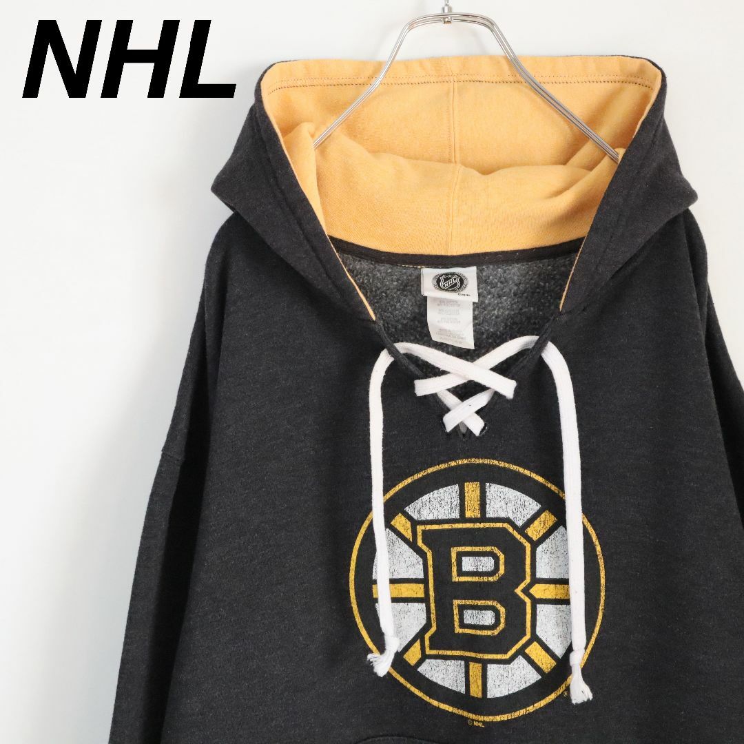 【NHLチーム】ブルーインズ／パーカー　XL　ビッグロゴ　裏起毛　チャコール