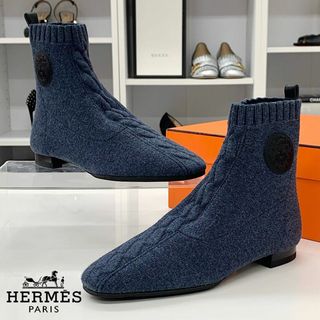 エルメス(Hermes)の8386 エルメス デュオ ニット エクスリブリス ショートブーツ ブルー系(ブーツ)