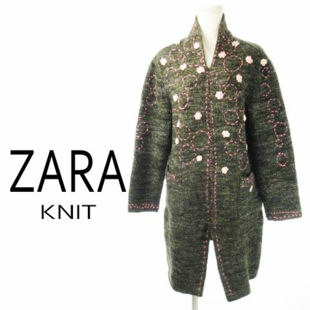 ZARA(ザラ)のザラニット ステッチ刺繍 厚手ニットワンピース M 緑 231025CK6R レディースのワンピース(ミニワンピース)の商品写真