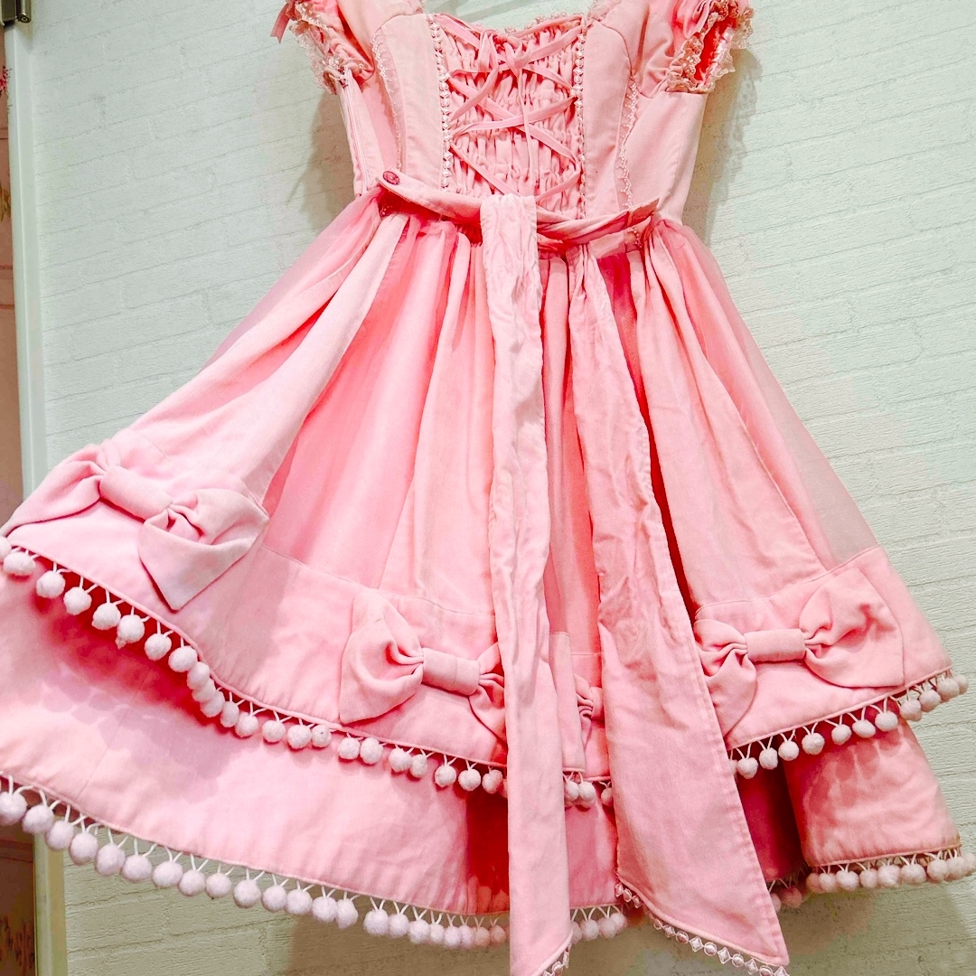 Angelic Pretty(アンジェリックプリティー)のアンジェリックプリティ　別珍　オーガンジー　K1 ピンク　リボンワンピース　 レディースのワンピース(ひざ丈ワンピース)の商品写真