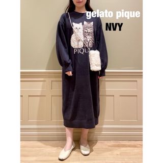 ジェラートピケ(gelato pique)のジェラートピケ　ジェラピケ　ツインキャットジャガードワンピース　ネイビー★新品(ルームウェア)