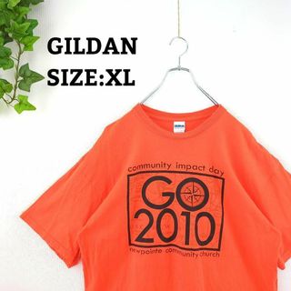 Tシャツ US古着 輸入 XL オーバーサイズ ビッグプリント オレンジ 半袖(Tシャツ/カットソー(半袖/袖なし))