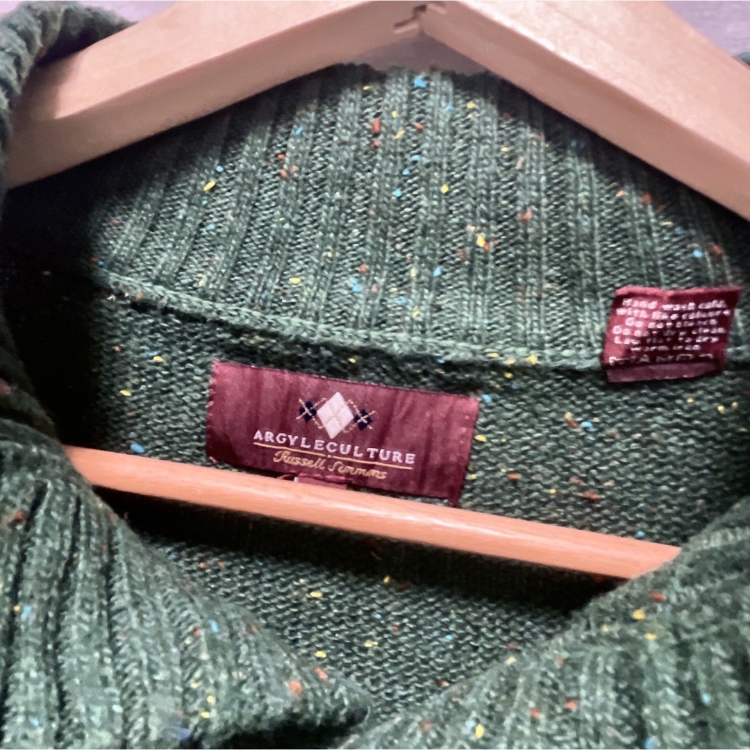 USA古着　ケーブルニット　セーター　ヘンリーネック　グリーン　エルボーパッチ メンズのトップス(ニット/セーター)の商品写真