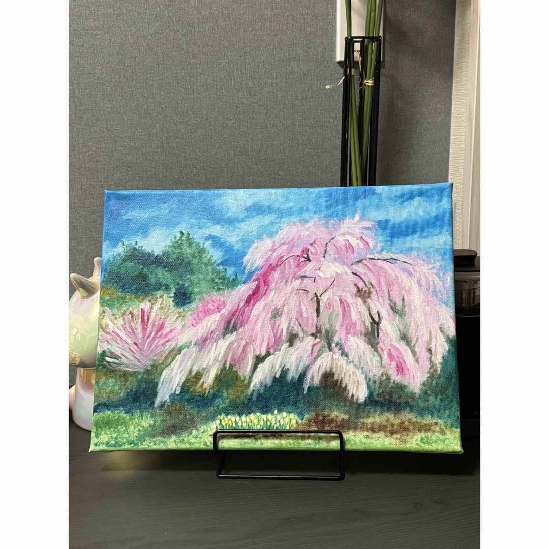 ミニ「枝垂桜」　手描き　油絵　風景画　原画