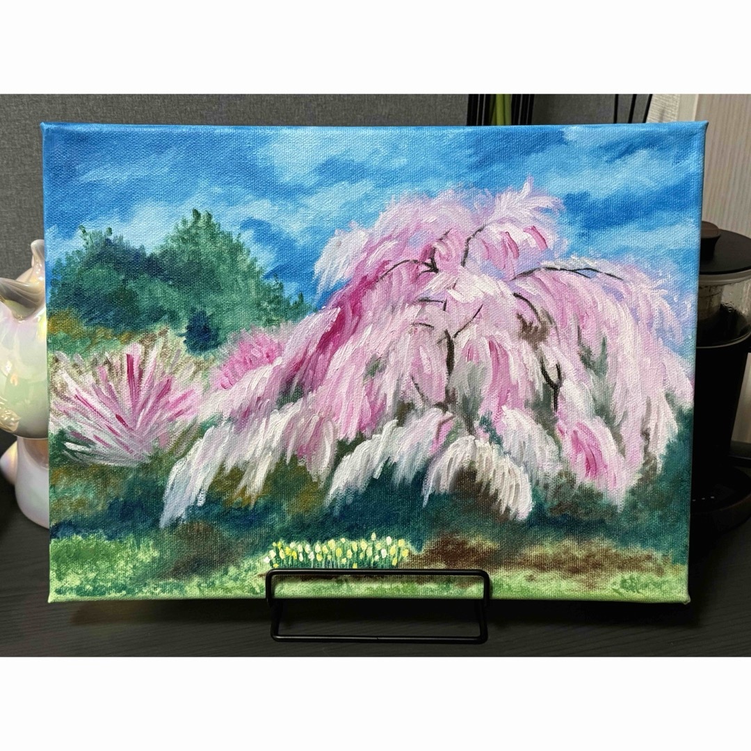 ミニ「枝垂桜」　手描き　油絵　風景画　原画