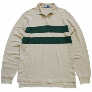 ポロラルフローレン(POLO RALPH LAUREN)の00s ポロ ラルフローレン ライン入り コットン 鹿の子 長袖ポロシャツ グレーベージュ×緑 M★オールド ロゴ刺繍 ワンポイント ボーダー(ポロシャツ)