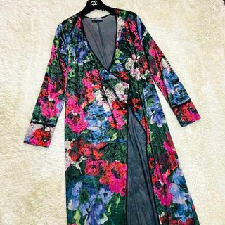 ザラ(ZARA)のZARA ロングカーディガン　スエード　花柄　ボタニカル(ロングワンピース/マキシワンピース)